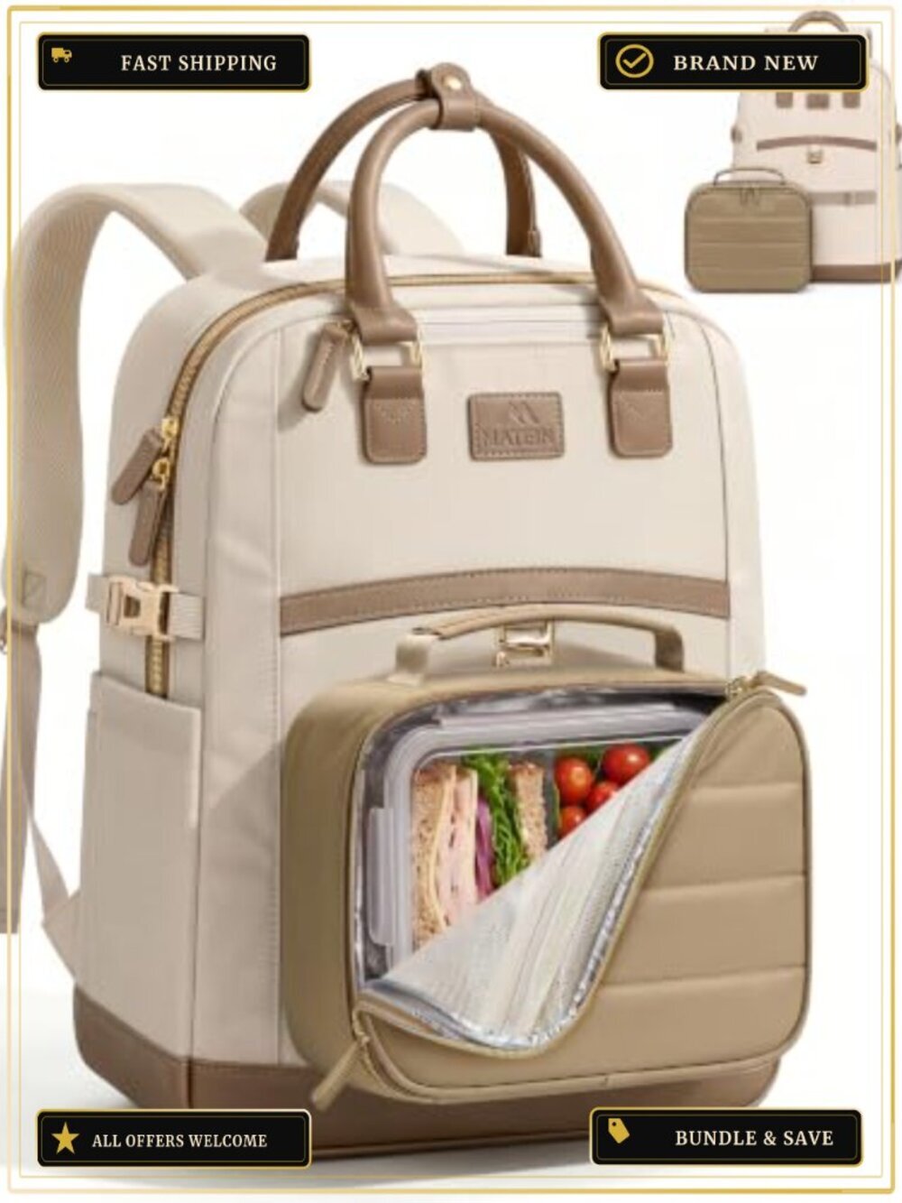 Insulated Lunch Backpack for Women with Ice Pack Detachable Cooler, 15.6 Laptop